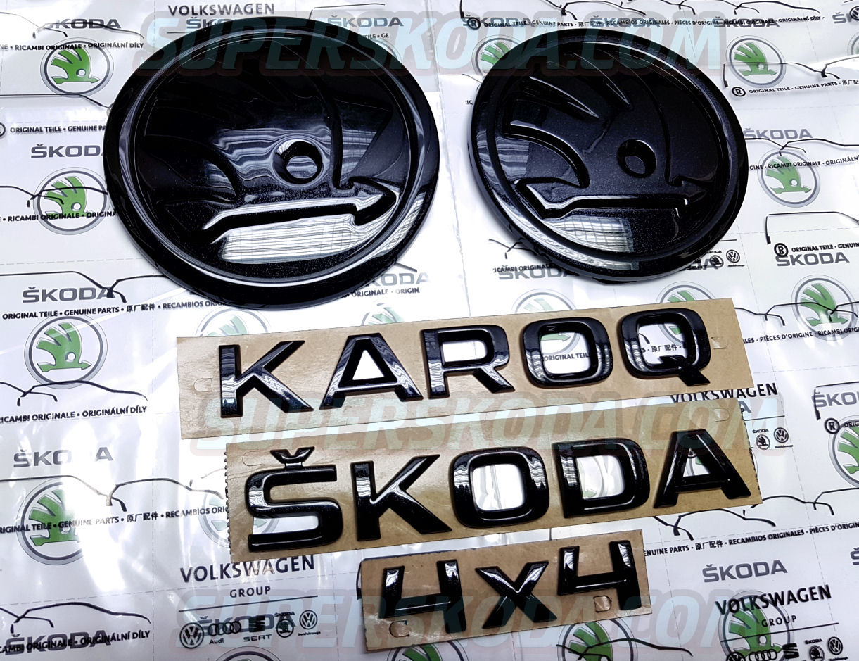 Karoq - original Skoda MONTE CARLO black emblem set - FRONT+REAR+KAROQ+SKODA+4x4